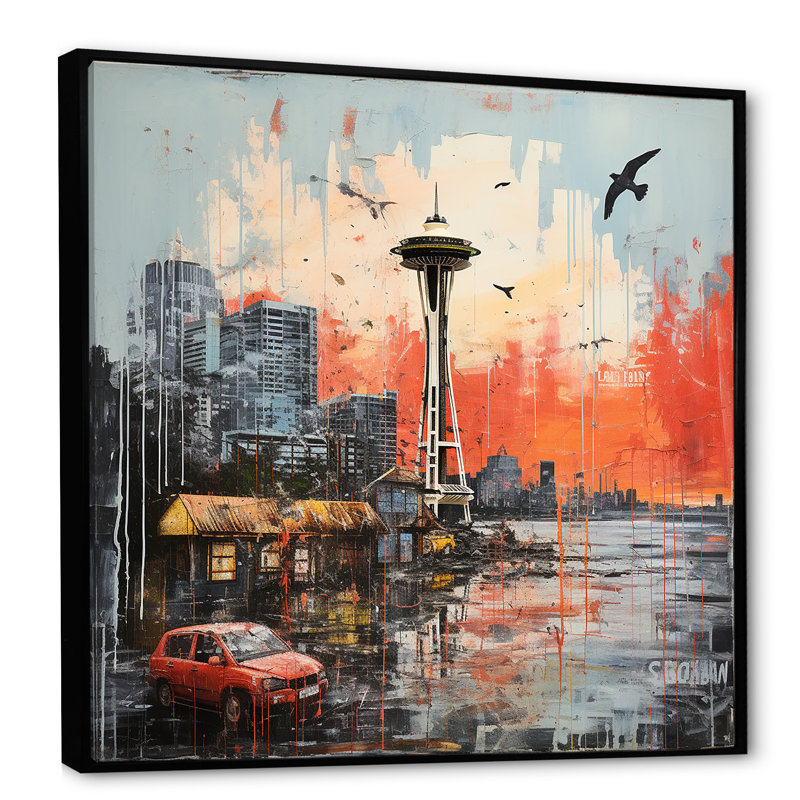 Seattle Pop Art Landscape - art mural Seattle, Cadre flottant noir, H 36 po x l 36 po x P 1,5 po