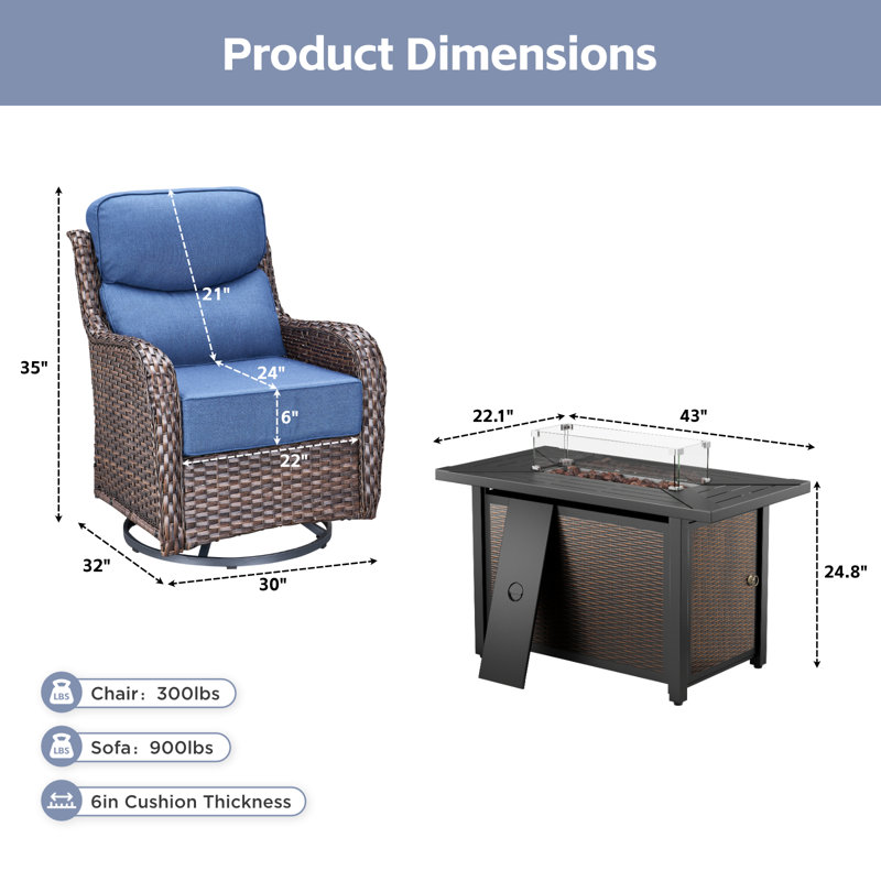 Ensemble de conversation avec chaises berçantes et pivotantes pour l'extérieur, Bleu, Brun