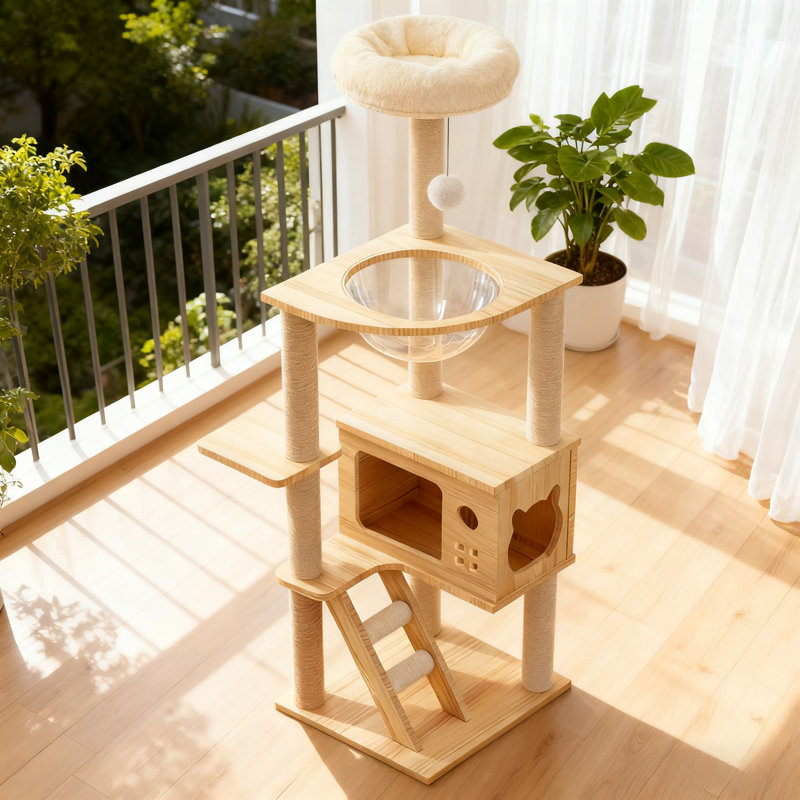 Tour pour arbre à chat moderne en bois, 48,8 po avec poteaux à griffer en sisal, hamac et perchoir pour chats d'intérieur