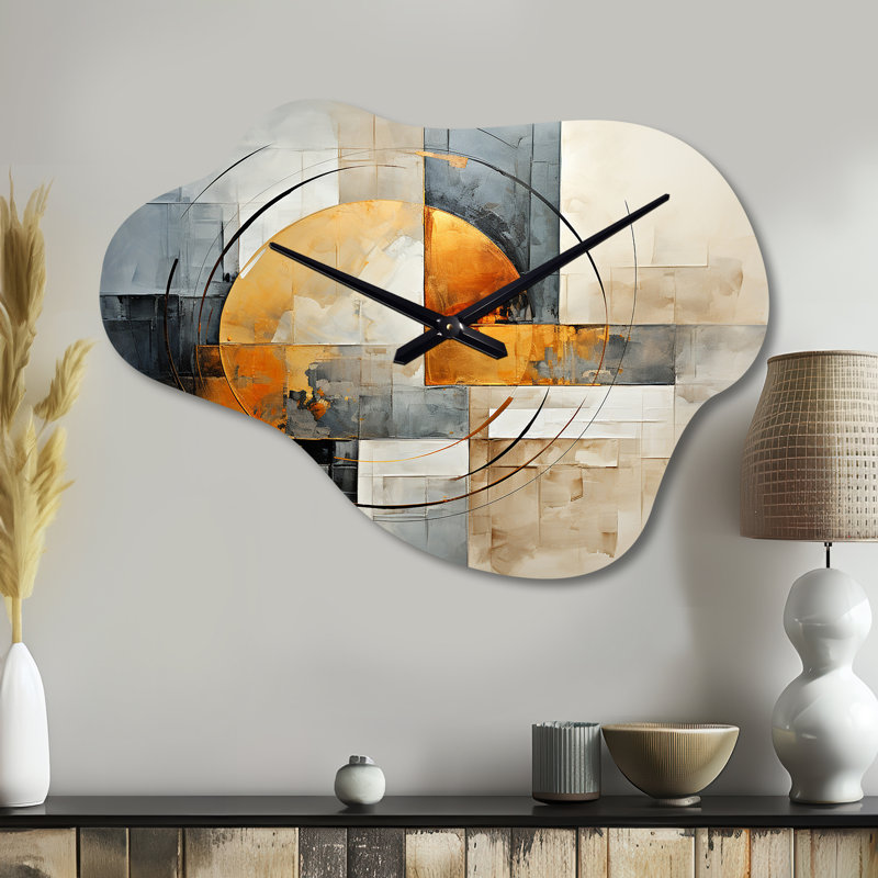 Or gris, géométrie brillante VI - horloge murale en métal à collages abstraits, horloge murale asymétrique dorée, Grand