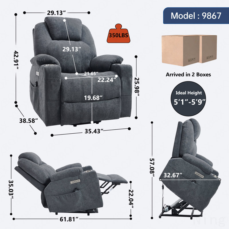 Fauteuil inclinable électrique en polyester - massage 8 points, chauffage lombaire, USB / Type-C, porte-gobelets en acier