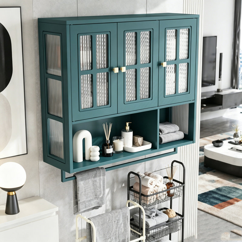 Armoire murale en bois à 3 portes avec porte-serviettes et verre, Dark Green