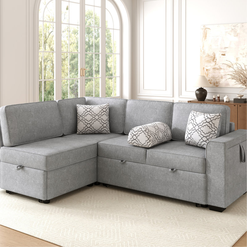 Canapé modulaire en forme de L de 83,9 po avec deux couchettes coulissantes, une table rabattable, un rangement pour accoudoirs et un porte-gobelet, confortable et confortable