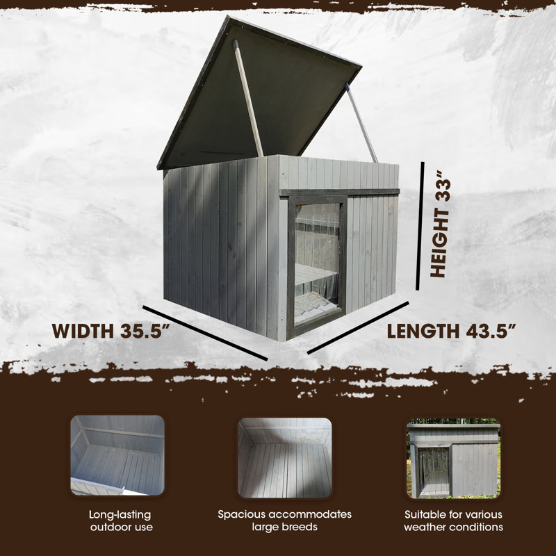 XL Dog House, Wood Outdoor Shelter w/ Hinged Roof & Removable Floor