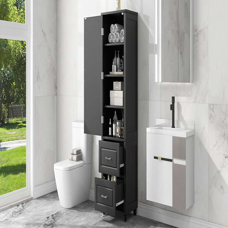 Grande armoire de rangement pour salle de bain, armoire de rangement autoportante avec deux tiroirs et tablette réglable