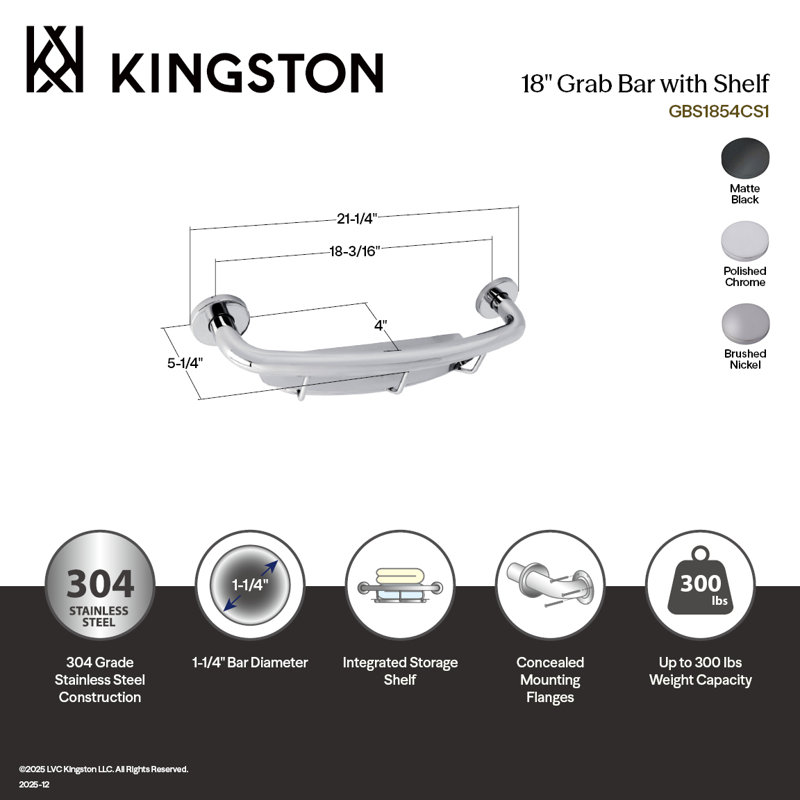 Barre d'appui 18 po avec tablette en laiton brossé Meridian Kingston Brass, Nickel brossé