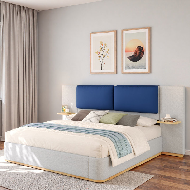 Lit plateforme tapissier avec tablettes, Très grand lit, Beige/gris