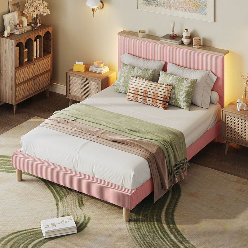 Lit plateforme tapissier Abe avec tête d'éclairage DEL, Grand lit, Rose