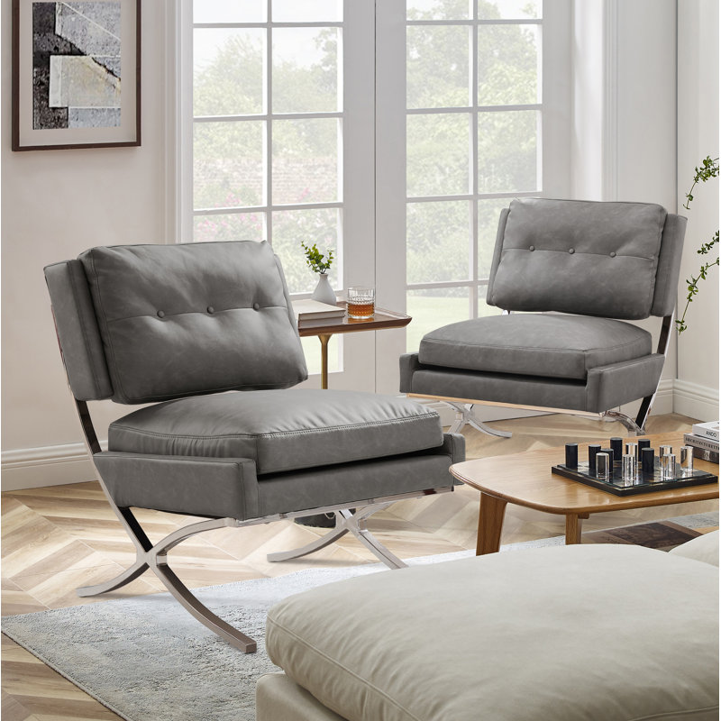 Adewunmi 26.38'' W Button Tufted Faux Leather Upholstered Armless Accent Lounge Chair (Set of 2), Gray Faux Leather