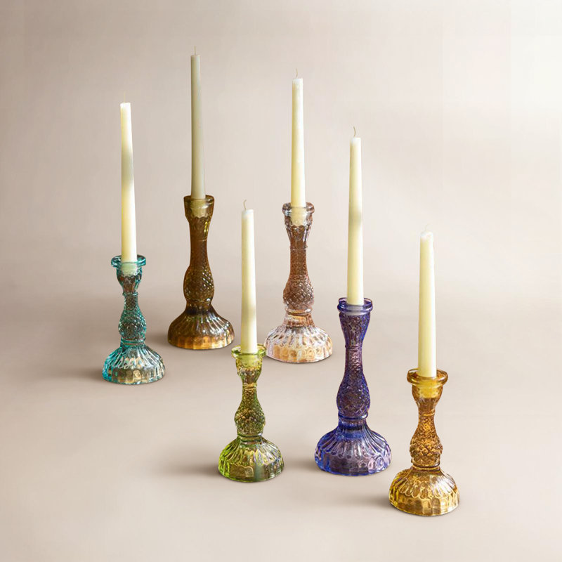  Set of Six Glass Taper Candle Holders Multicolor Design Decorative Tabletop Decor Accent Transparent Finish