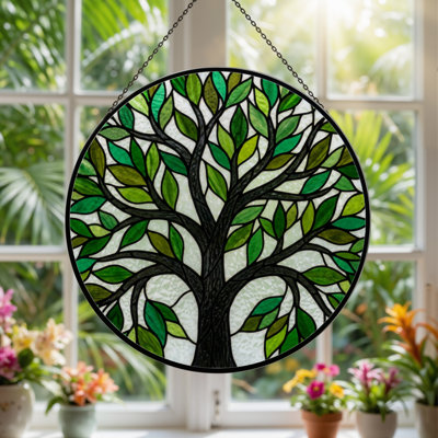 12"H Tree Leaves Stained Glass Window Panel