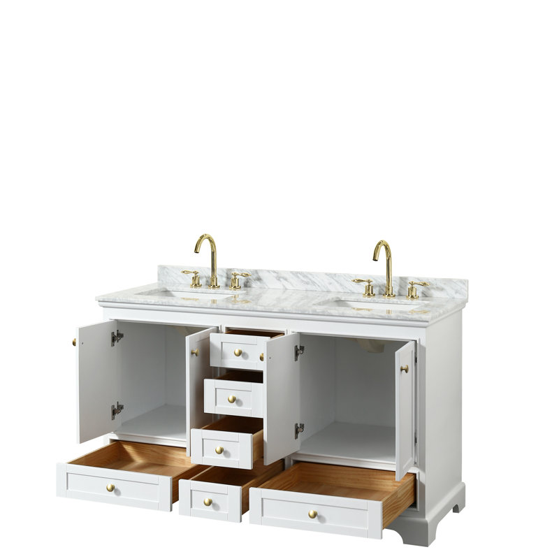 Deborah 60" White and Gold Double Bathroom Vanity with Marble Top