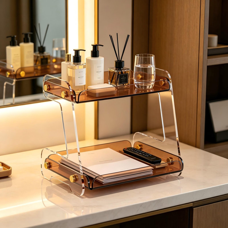 Organisateur de comptoir de salle de bain à 2 niveaux en acrylique transparent, tablette de rangement de style marbre pour coiffeuse et commode