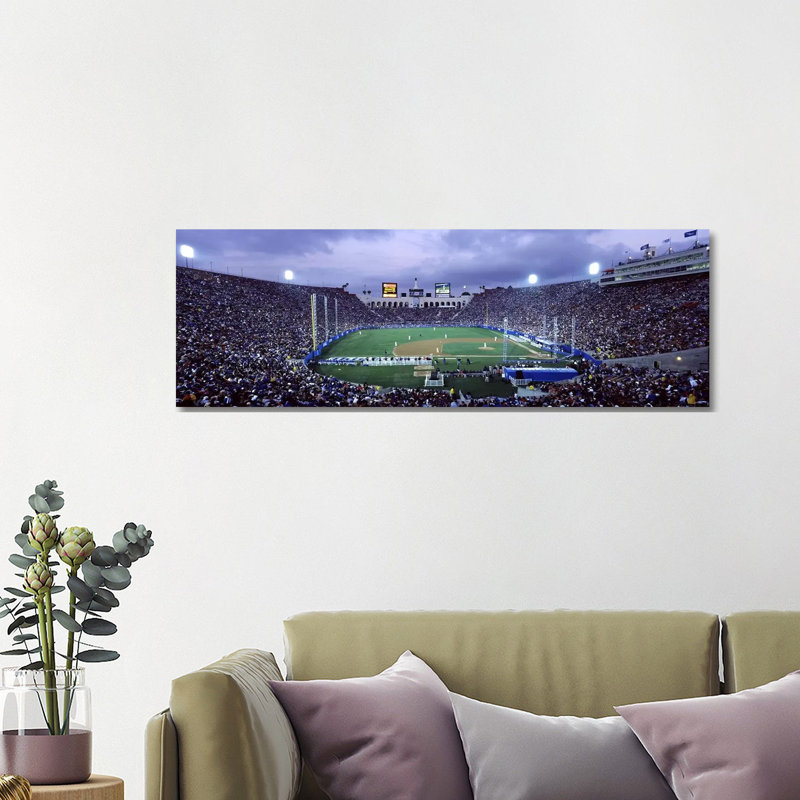 Spectators Watching Baseball Match, Los Angeles Dodgers, Los Angeles Memorial Coliseum - Wrapped Canvas Panoramic Print