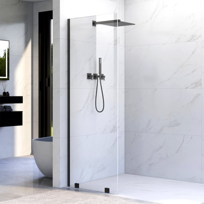 UKH07B 33-1/2 in. W x 80 in. H Frameless Fixed Shower Glass Panel  with U-Channel in and 3/8 in. Clear Glass in Matte Black