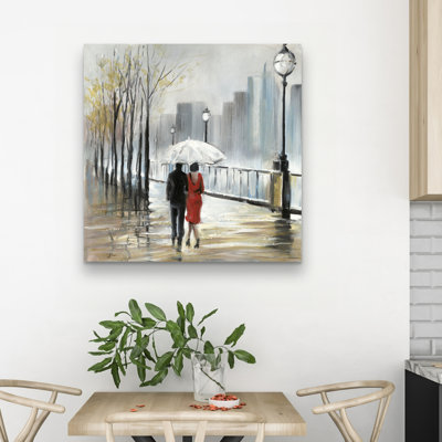 Couple walking under the rain - 32"x32" art on canvas