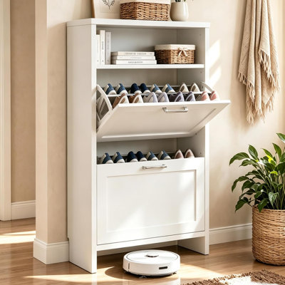 23.6" W Flip-Down Shoe Cabinet, Slim Shoe Storage Cabinet with Open Storage Shelf, Space-Saving Entryway Organizer for Hallway, Mudroom
