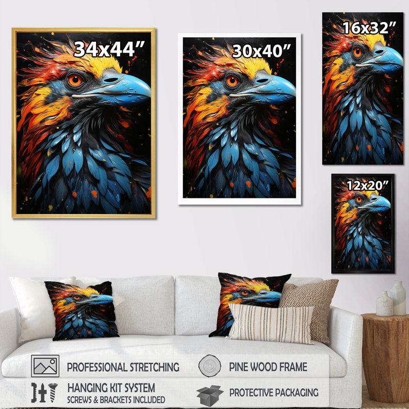 «Enlil Crow Popart Royalty IV», reproduction sur toile, H 32 po x l 16 po x P 1 po, Cadre photo noir