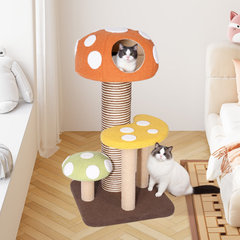 44"Whimsical Mushroom Cat Tree With Scratching Post And Cat Condo