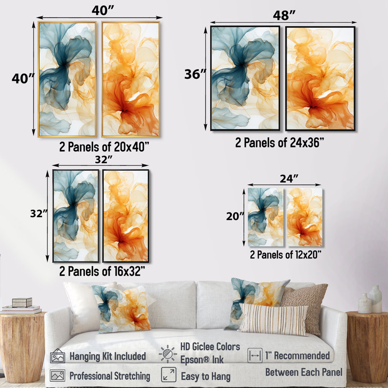 Collages à l'encre orange et bleu - art mural moderne, Black, 36" H x 48" W, Impression encadrée flottante