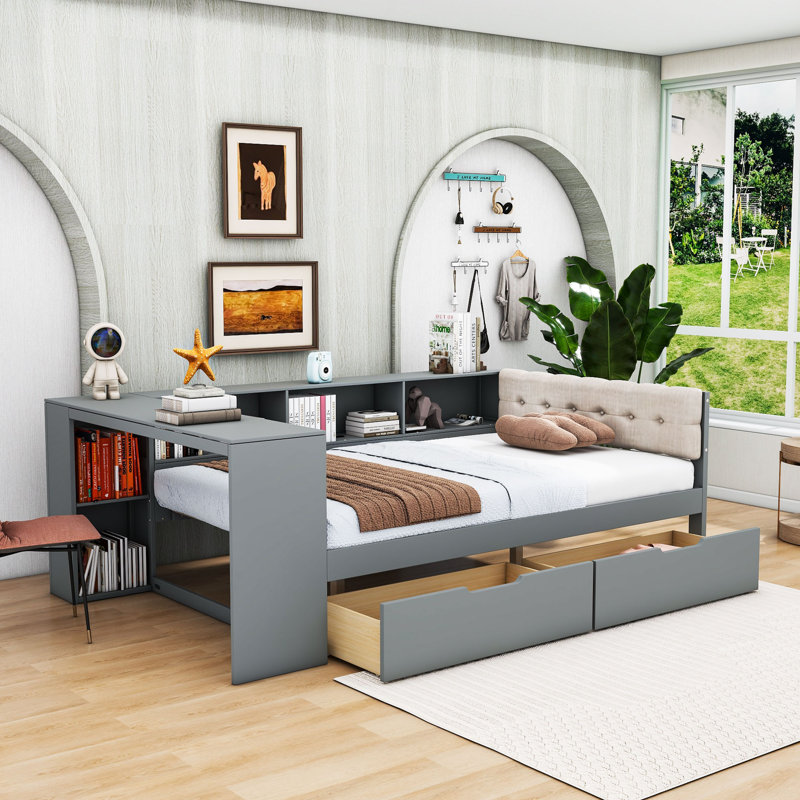 Northup Two Drawers Wooden Bed with Charging Station and Shelves, Gray, Full/Double