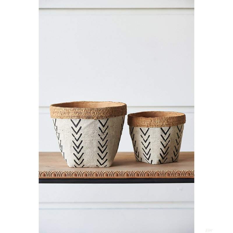 Set of 2 White and Brown Cement Planters with V Pattern, L:D10x8"  S:D8x6.5"