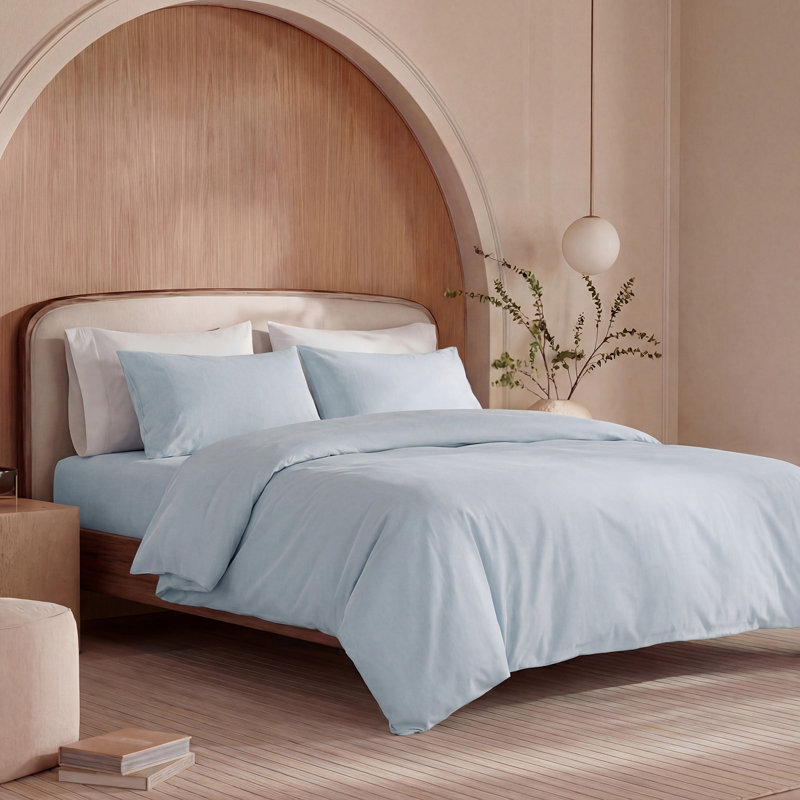 100% Washed Cotton Comforter Set Queen Size – Light Blue, Linen-Like Texture, Soft & Breathable Bedding Set, 3-Piece Durable Percale Comforter