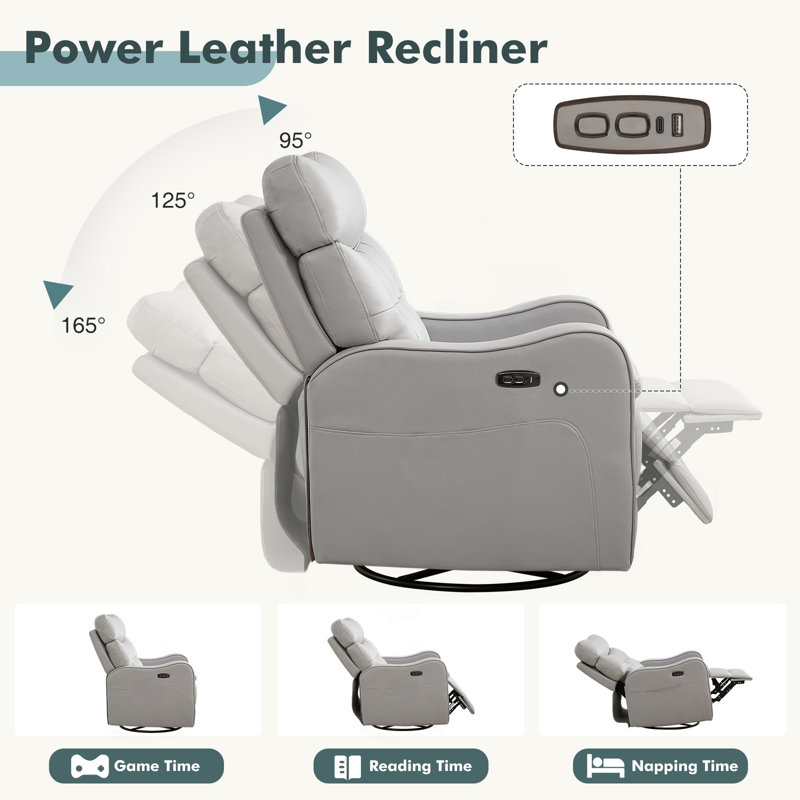  Myah 36.6''W Modern Faux Leather Power Recliner Chair With Swivel and Rocker, USB Port and Type-C Port , Gray