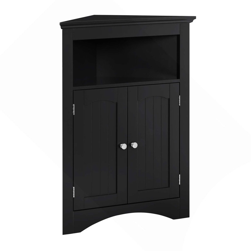 Floor Corner Sideboard Cabinet With Doors, Shelves & Open Compartments For Kitchen, Living Room, Bathroom, Black