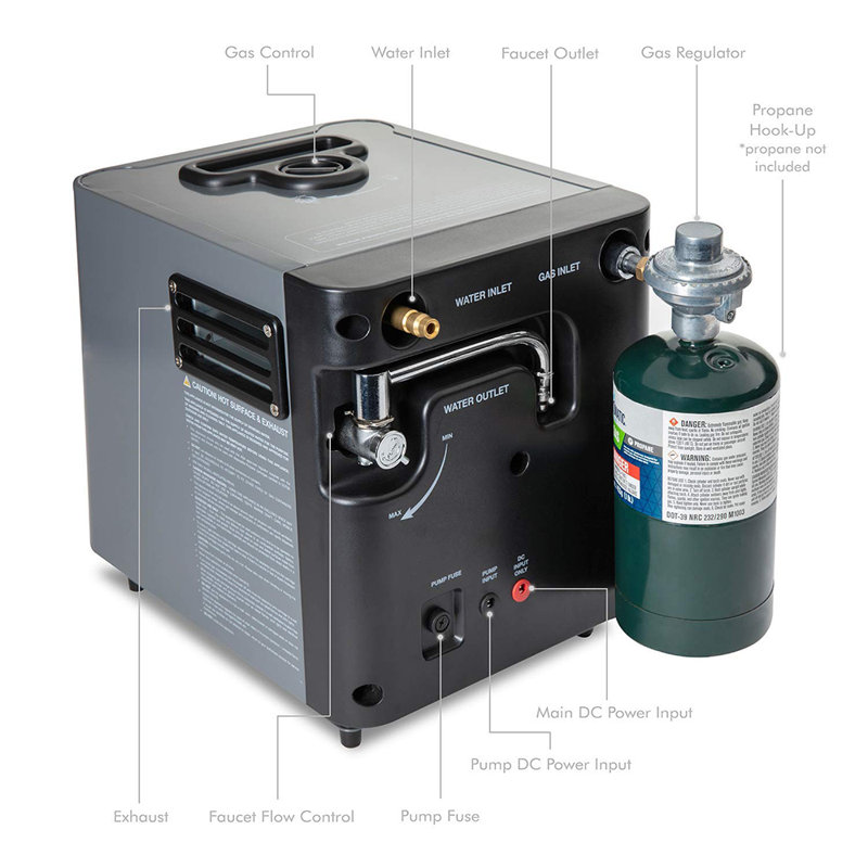 Compact Gray Portable Propane Water Heater with Shower Pump