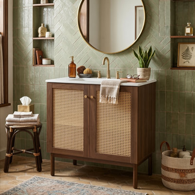 30-Inch Modern Boho Bathroom Vanity With Sink, Natural Bamboo Storage Cabinet With Handmade Rattan And Soft Close Hinges, 3 Colours