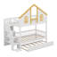 Lit superposé House avec escalier et lit gigogne, structure de lit superposé en bois massif avec rangement-123262635