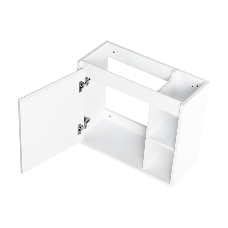 Meuble-lavabo mural moderne de 61 cm (24 po), lavabo en céramique blanche, charnières à fermeture douce, fini lustré, deux espaces de rangement ouverts. Meuble-lavabo blanc, porte fermée, emballage démontable.