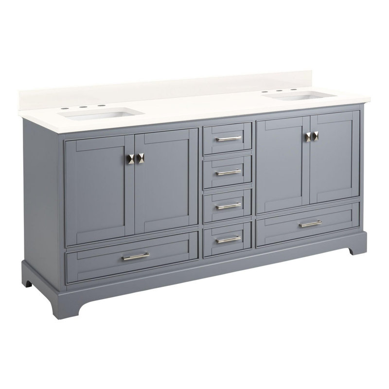 Quen 72" Freestanding Double Basin Vanity Set with Cabinet, Vanity Tops, Gray, Arctic White Quartz, 8" Widespread
