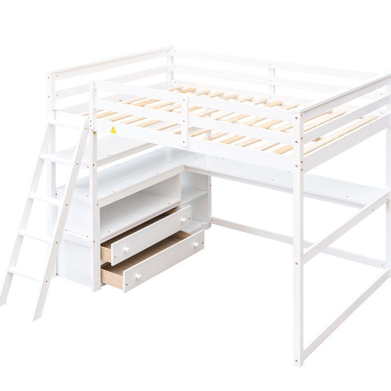 Lit mezzanine double en blanc avec bureau, tablettes et tiroirs - Pièce de chambre fonctionnelle et robuste, Lit double