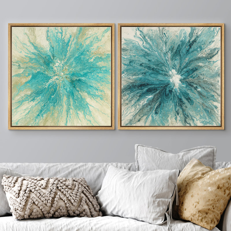 Aqua Blue Abstract Burst Contemporary Wall Decor Set Framed Master Bedroom Wall Art Work 2 Pieces Print, 24" H x 24" W