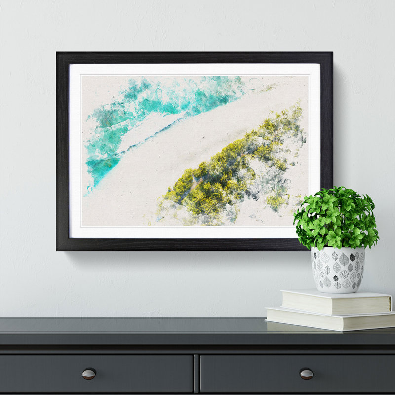 Beach View in the Maldives Watercolour - Picture Frame Graphic Art Print, 45cm H x 63cm W x 2cm D, Black Framed