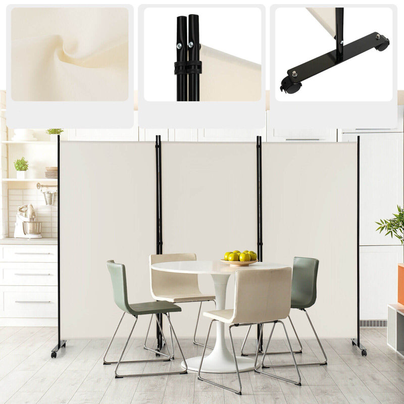White 3-Panel Folding Room Divider with Lockable Wheels