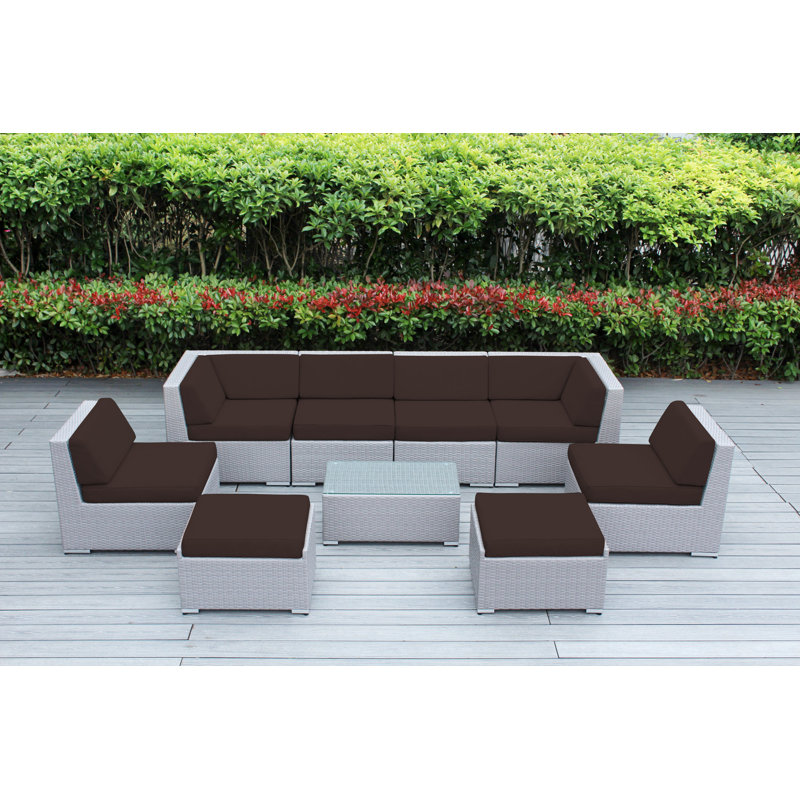 Ensemble de conversation en osier pour 8 personnes avec coussins - aucun assemblage, Gris