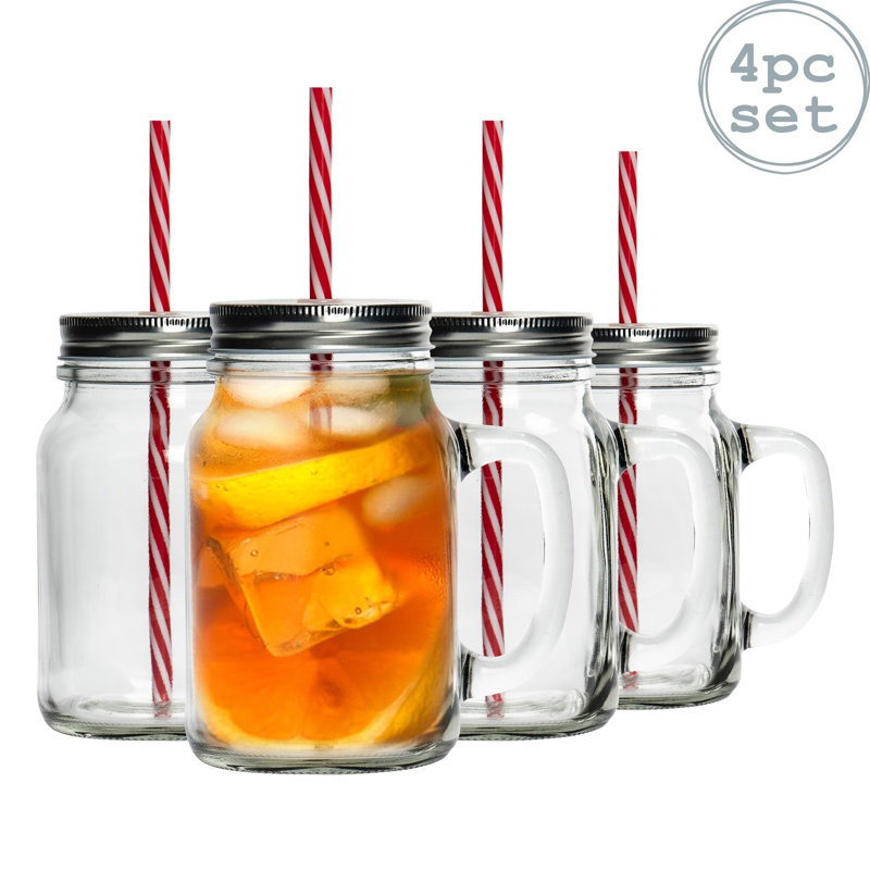 Rink Drink - 620ml Mason Drinking Jar Glasses with Straws - Set of 4