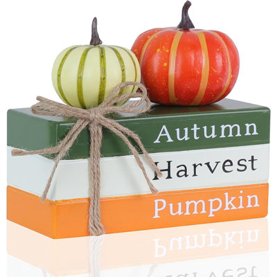 Fall Decorations For Home, Autumn Harvest Wooden Stacked Books Sign With Pumpkins & Bow For Fall Decor, Thanksgiving Tabletop Decorations For Tiered Tray, Shelf, Table, Mantel, Fireplace