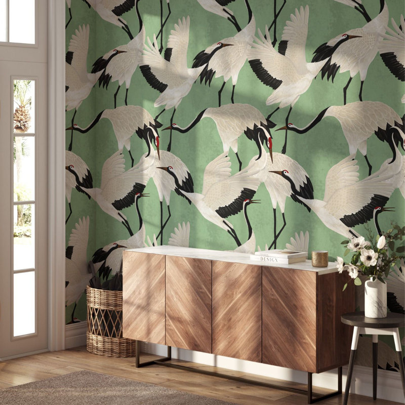 Green Herons Chinoiserie Wallpaper White