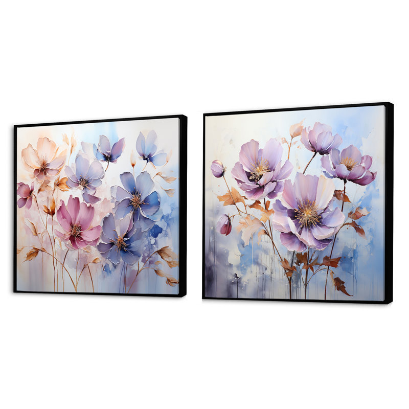 Mauve Botanical Serenade - Ensemble de 2 collages carrés botaniques abstraits, Cadre flottant noir, H 16 po x l 33 po