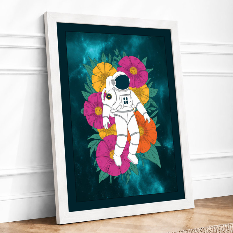 Astronaut Among Flowers Modern - Framed Print, A4 - 29.7 x 21.0 cm, White