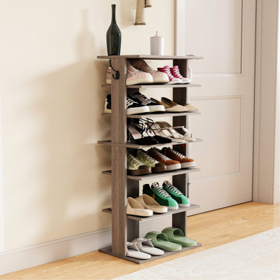 7 Tier Shoe Tower With Hooks, Rustic Gray, 12 - 14 Pairs Of Shoes, Space Saving, Quick And Easy Build Rack Footwear, Hooks For Keys,