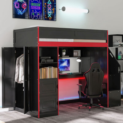 Lit mezzanine avec bureau et rangement, lumières DEL, double Gaming