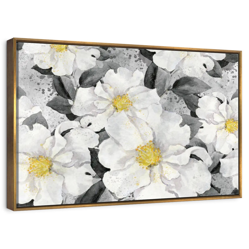 Fleurs blanches gonflées, Cadre flottant doré, 37 po x 25 po