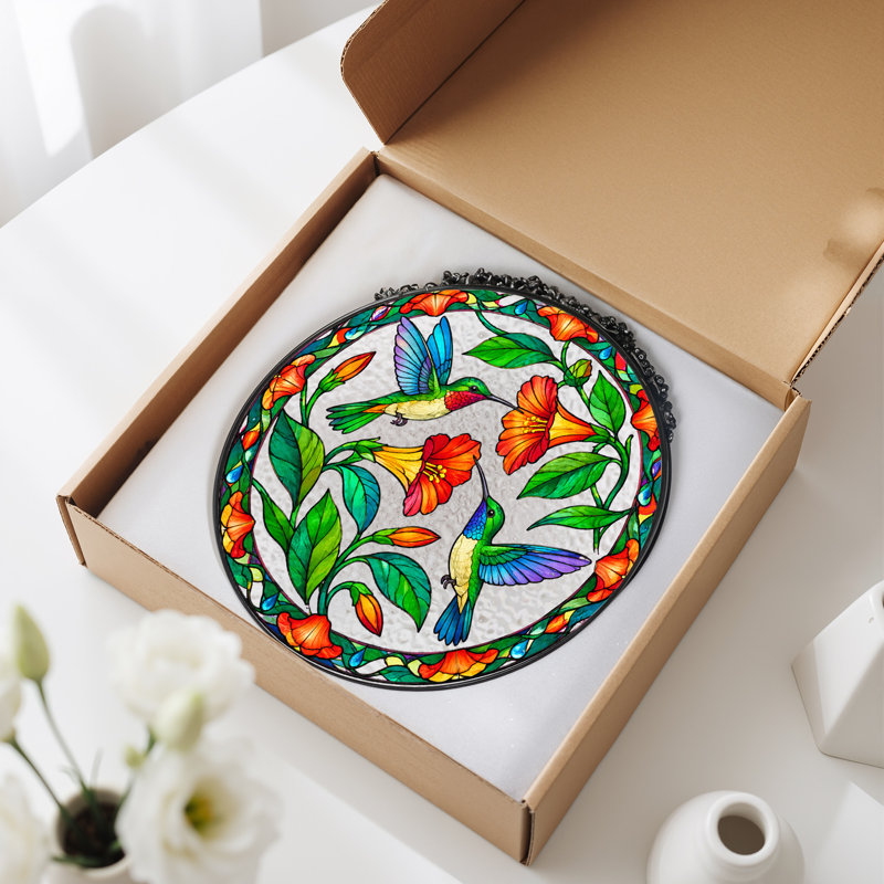Art mural sur toile, "Colibris et fleurs orange en verre coloré", H 12 po