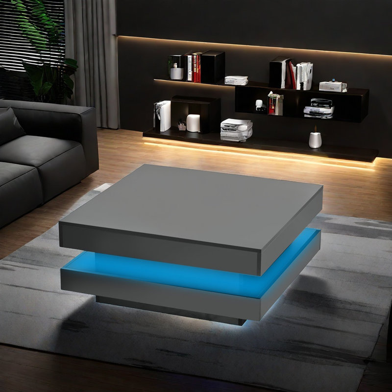 2-tier Square Centre Table With 16-colour Led Lights, Coffee Table For Living Room Office, Black