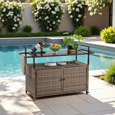 Outdoor Wicker Bar Cart, Patio Wine Serving Cart Wheels , Rolling Rattan Beverage Bar Counter Table Glass Top For Porch Backyard Garden Poolside Party